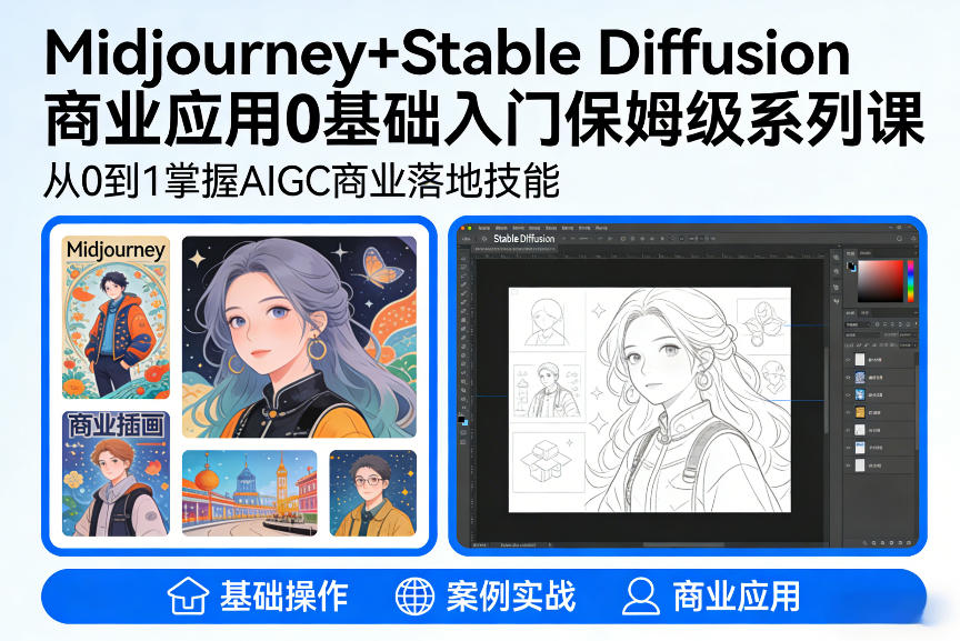 AIGC商业应用Midjourney+Stable Diffusion教程，0基础入门保姆级系列课-站源网
