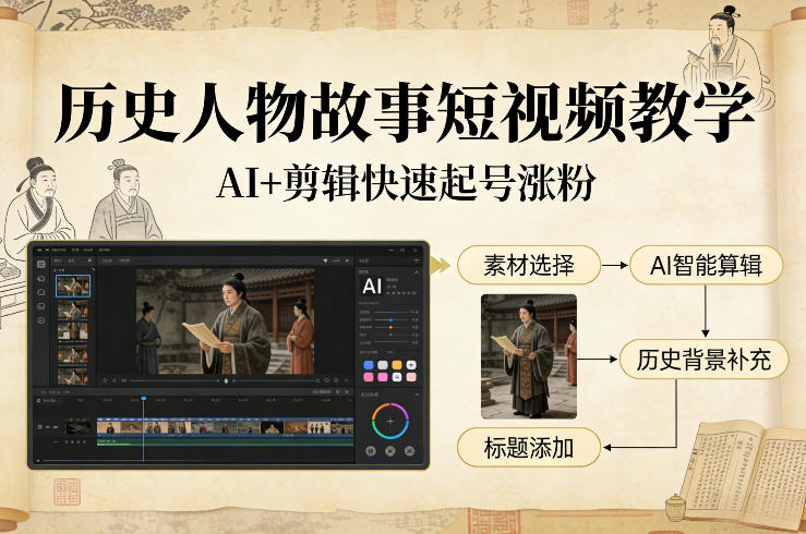 历史人物故事短视频教学，AI+剪辑制作历史人物题材短视频，快速起号涨粉-站源网