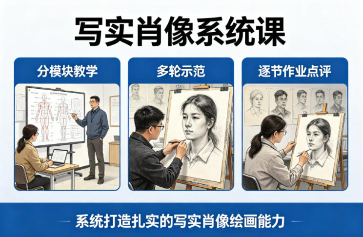 写实肖像系统课，全程分模块教学+多轮示范+逐节作业点评，系统打造扎实的写实肖像绘画能力-站源网