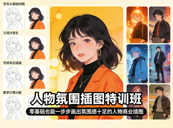 人物氛围插图特训班，零基础也能一步步画出氛围感十足的人物商业插图-站源网