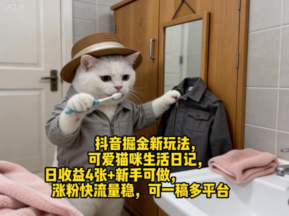抖音掘金新玩法，可爱猫咪生活日记，日收益4张+新手可做，涨粉快流量稳，可一稿多平台-站源网