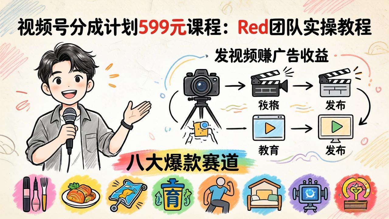 视频号分成计划599元课程：Red团队实操教程，发视频赚广告收益，八大爆款赛道全掌握-站源网