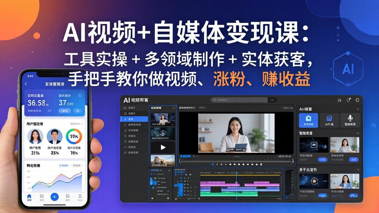 AI视频+自媒体变现课:工具实操 + 多领域制作 + 实体获客,手把手教你做视频、涨粉、赚收益-站源网