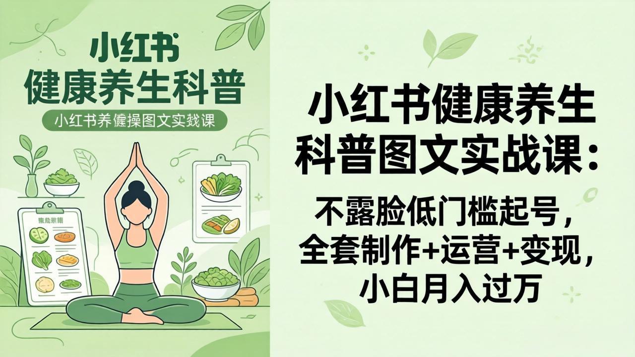 2026小红书健康养生科普图文实战课：不露脸低门槛起号，全套制作+运营+变现，小白月入过万-站源网