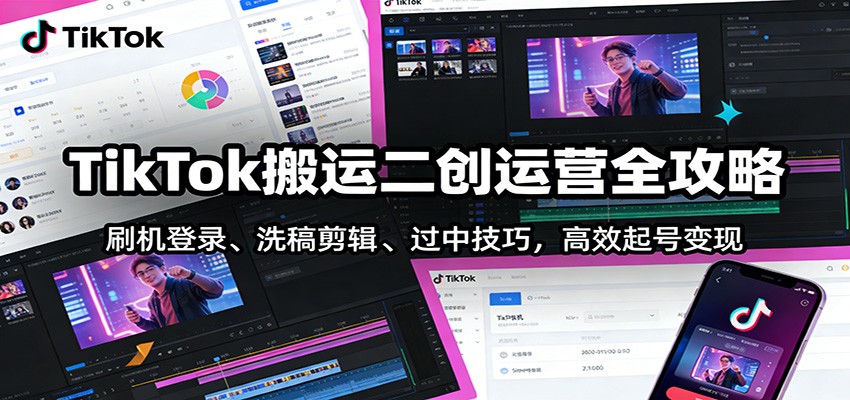 TikTok搬运二创运营全攻略：刷机登录、洗稿剪辑 、过中技巧，高效起号变现-站源网