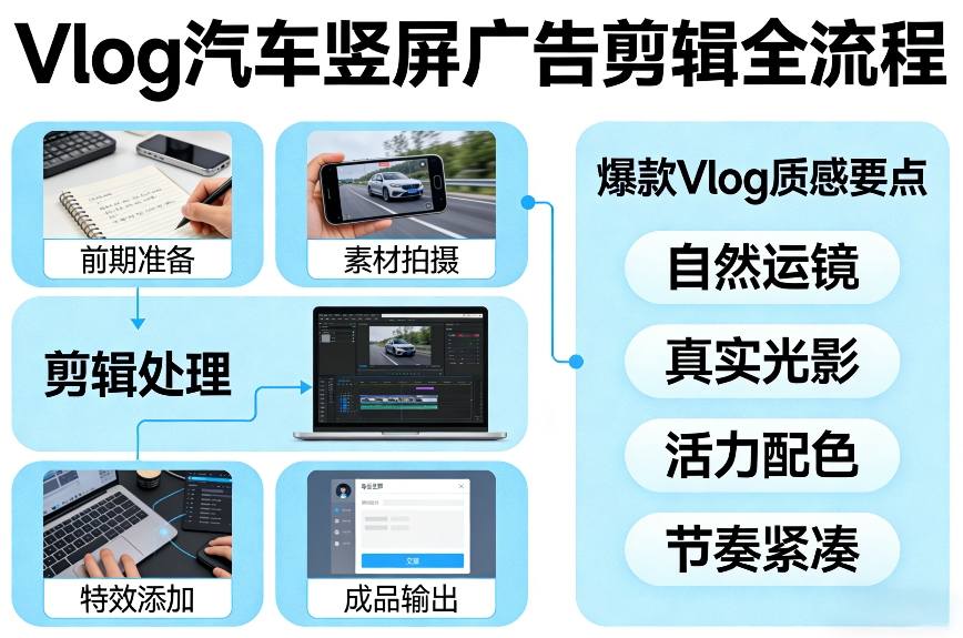 Vlog感觉汽车竖屏广告剪辑脚本全流程，拿捏爆款Vlog质感-站源网