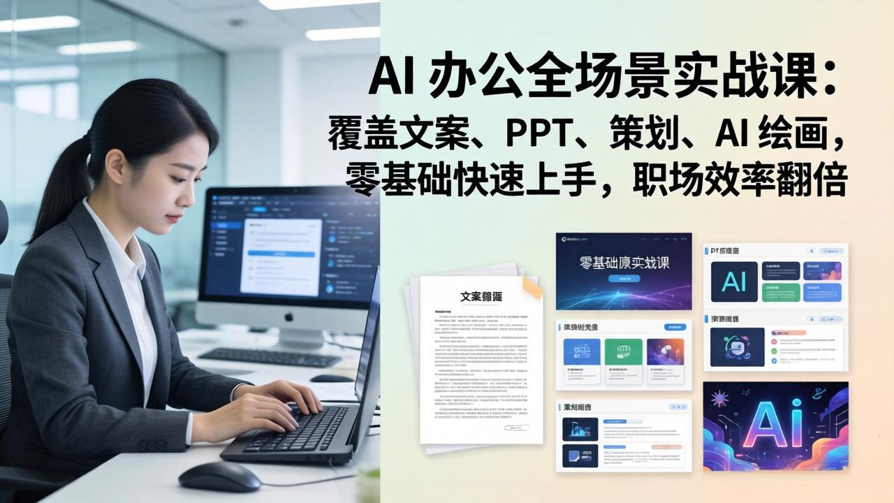 AI 办公全场景实战课：覆盖文案、PPT、策划、AI 绘画，零基础快速上手，职场效率翻倍-站源网