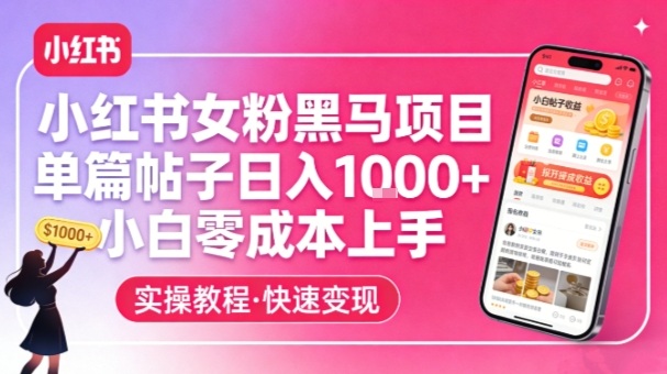 小红书女粉黑马项目,单篇帖子日入1k+,小白零成本上手-站源网