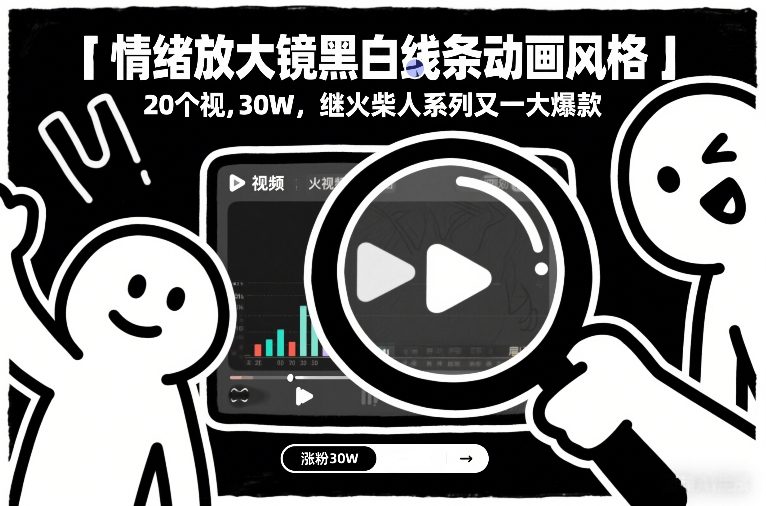 情绪放大镜黑白线条动画风格,20个视频,涨粉30W,继火柴人系列又一大爆款-站源网