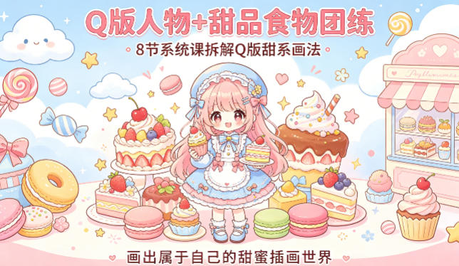 Q版人物+甜品食物团练，8节系统课拆解Q版甜系画法，画出属于自己的甜蜜插画世界-站源网