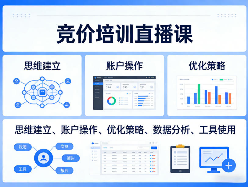 竞价培训直播课,覆盖思维建立、账户操作、优化策略、数据分析、工具使用等,全方位提升效果-站源网