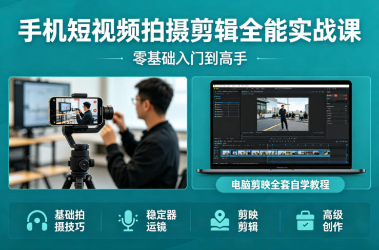 手机短视频拍摄剪辑全能实战课：零基础入门到高手，稳定器运镜+电脑剪映全套自学教程-站源网