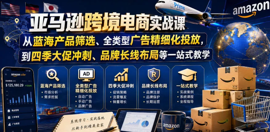 亚马逊跨境电商实战课,从蓝海产品筛选、全类型广告精细化投放,到四季大促冲刺、品牌长线布局等一站式教学-站源网