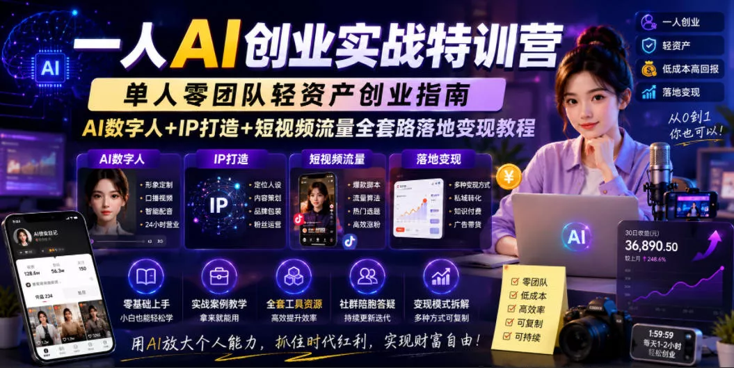 一人AI创业实战特训营，单人零团队轻资产创业指南，AI数字人+IP打造+短视频流量全套路落地变现教程-站源网