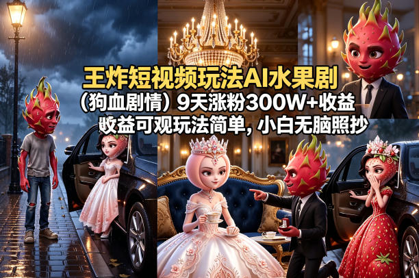 王炸短视频玩法AI水果剧(狗血剧情)9天涨粉300W+收益可观玩法简单，小白无脑照抄，详细拆解玩法-站源网
