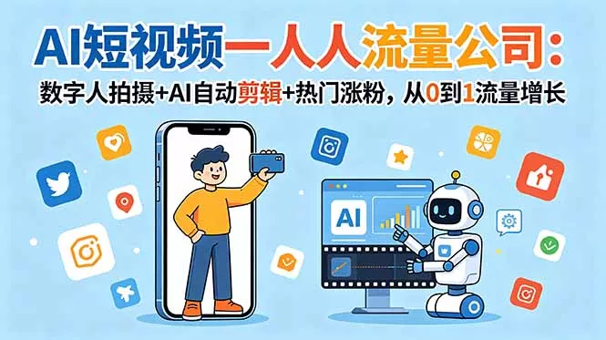AI短视频一人流量公司:数字人拍摄+AI自动剪辑+热门涨粉,从0到1流量增长-站源网
