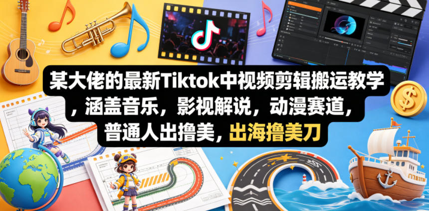某大佬的最新Tiktok中视频剪辑搬运教学,涵盖音乐,影视解说,动漫赛道,普通人出海撸美刀-站源网