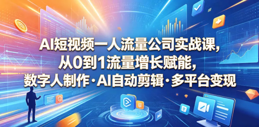 AI短视频一人流量公司实战课,从0到1流量增长赋能,数字人制作・AI自动剪辑・多平台变现,一人做流量生意全落地教程-站源网