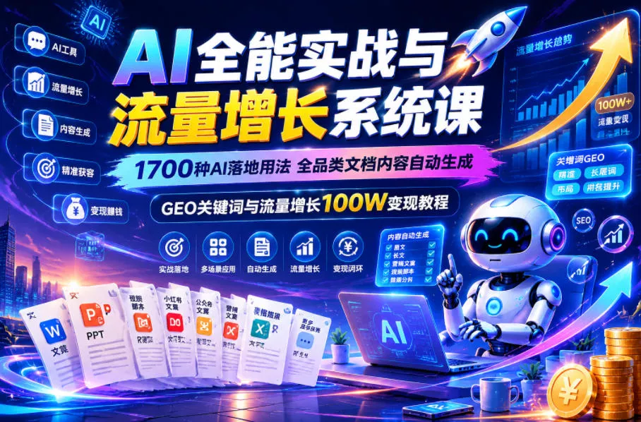 AI全能实战与流量增长系统课,1700种AI落地用法,全品类文档内容自动生成,GEO关键词与流量增长100W变现教程-站源网