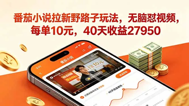番茄小说拉新野路子玩法,无脑怼视频,每单10元,40天收益27950-站源网