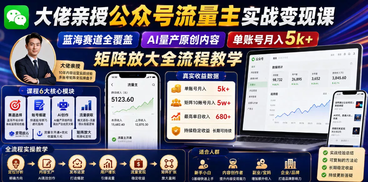 大佬亲授公众号流量主实战变现课，蓝海赛道全覆盖，AI量产原创内容，单账号月入5k+矩阵放大全流程教学-站源网