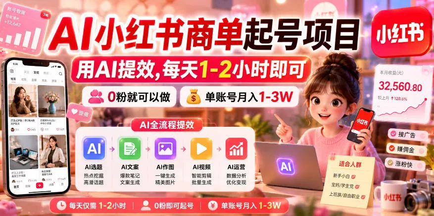 AI小红书商单起号项目,用AI提效,每天1-2小时即可,0粉就可以做,单账号月入1-3W-站源网