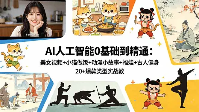 AI人工智能0基础到精通：美女视频+小猫做饭+动漫小故事+福娃+古人健身，20+爆款类型实战教学-站源网