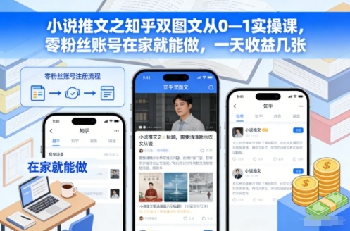 小说推文之知乎双图文从0—1实操课,零粉丝账号在家就能做,一天收益几张-站源网