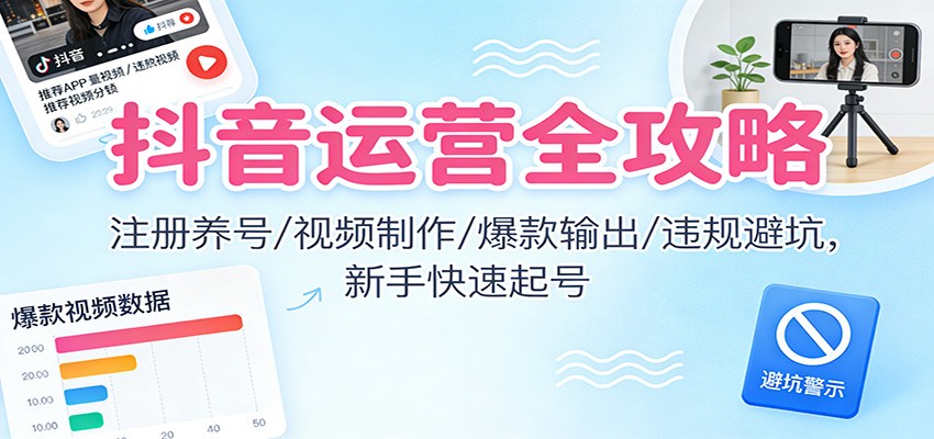抖音运营全攻略:注册养号/视频制作/爆款输出/违规避坑,新手快速起号-站源网