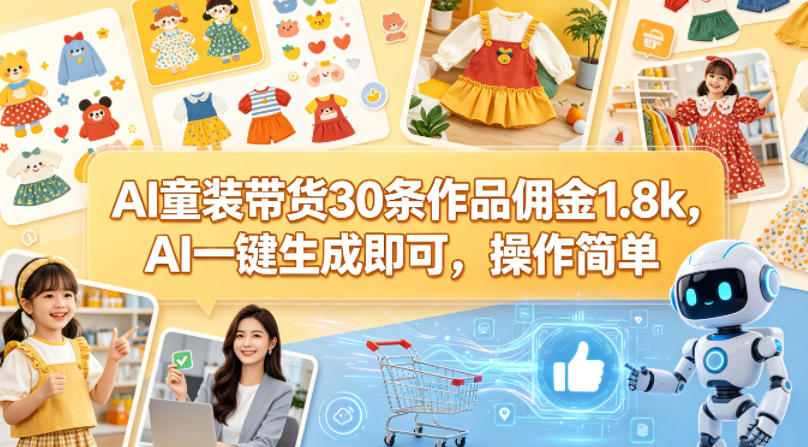 AI童装带货30条作品佣金1.8k，AI一键生成即可，操作简单-站源网