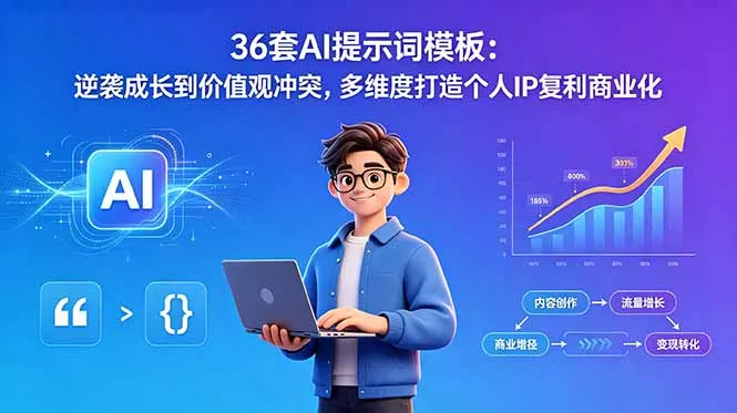 36套AI提示词模板:逆袭成长到价值观冲突,多维度打造个人IP复利商业化-站源网