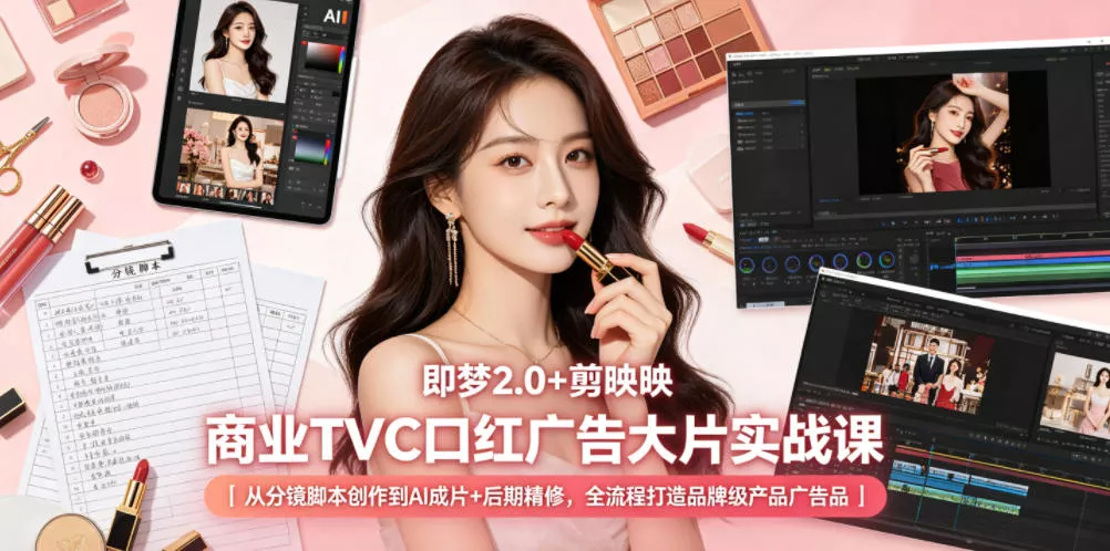 即梦2.0+剪映商业TVC口红广告大片实战课｜从分镜脚本创作到AI成片+后期精修，全流程打造品牌级产品广告-站源网