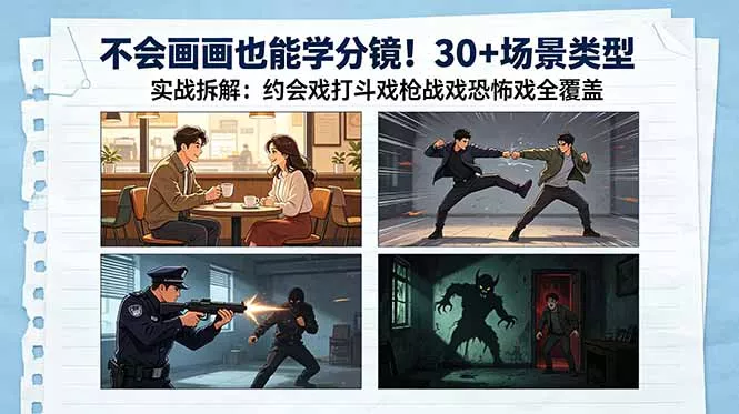 不会画画也能学分镜!30+场景类型实战拆解:约会戏打斗戏枪战戏恐怖戏全覆盖-站源网