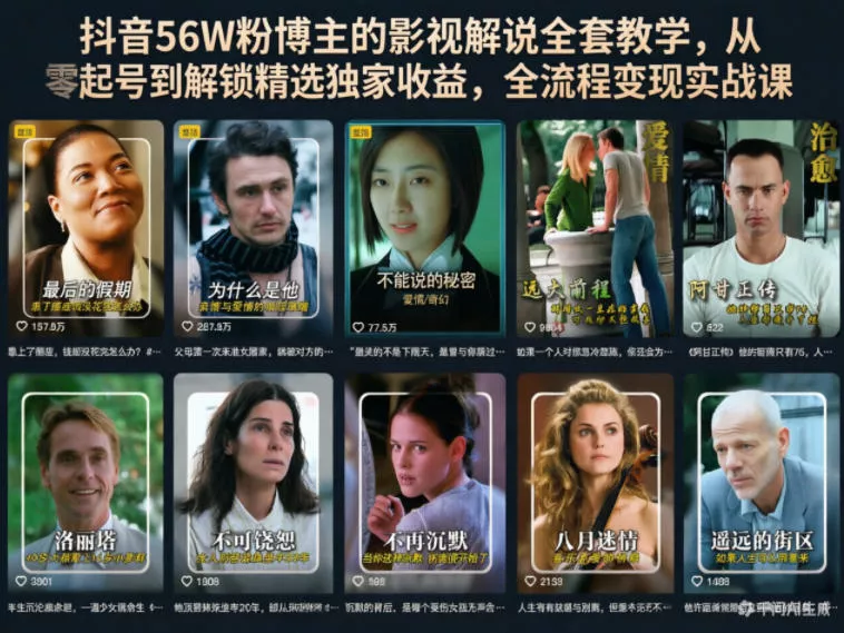抖音56W粉博主的影视解说全套教学，从零起号到解锁精选独家收益，全流程变现实战课-站源网