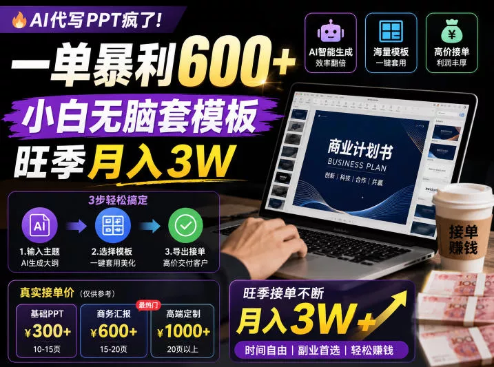 AI代写PPT疯了!一单暴利600+,小白无脑套模板,旺季月入3W,不用苦哈哈引流【揭秘】-站源网