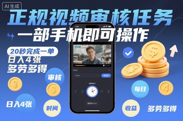 正规视频审核任务,一部手机即可操作,20秒完成一单,日入4张,多劳多得【揭秘】-站源网