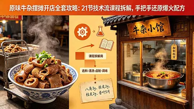 原味牛杂摆摊开店全套攻略：21节技术流课程拆解，手把手还原爆火配方-站源网