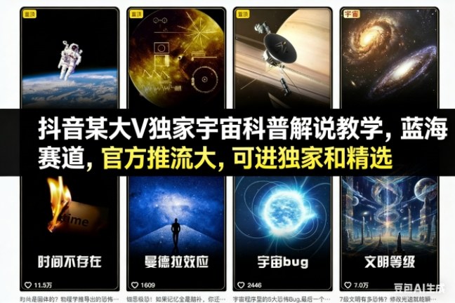 抖音某大V独家宇宙科普解说教学,蓝海赛道,官方推流大,可进独家和精选-站源网