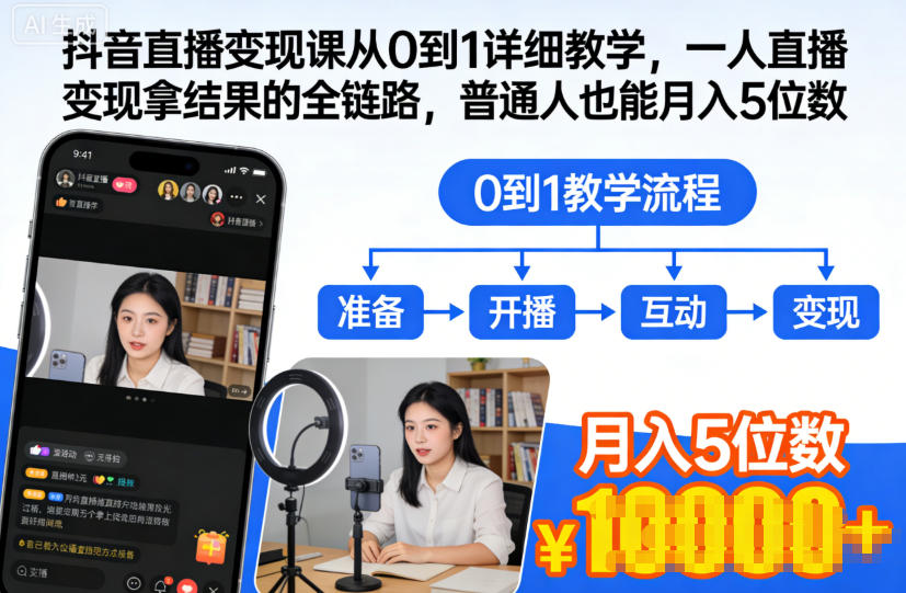 抖音直播变现课从0到1详细教学,一人直播变现拿结果的全链路,普通人也能月入5位数-站源网