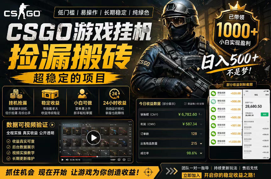 CSGO游戏搬砖，全自动挂G，不需要玩游戏，手机操作日入300+，解放双手【揭秘】-站源网