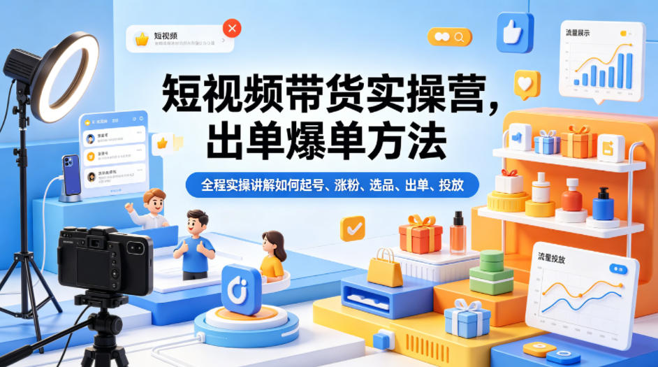 短视频带货实操营,出单爆单方法,全程实操讲解如何起号、涨粉、选品、出单、投放-站源网