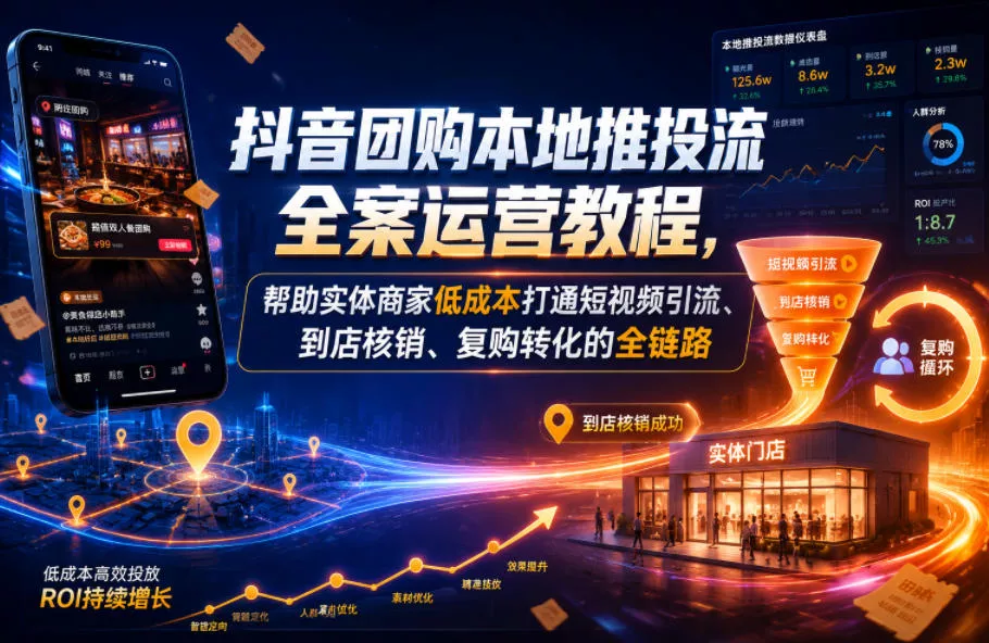 抖音团购本地推投流全案运营教程,帮助实体商家低成本打通短视频引流、到店核销、复购转化的全链路-站源网