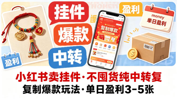 小红书卖挂件，不囤货纯中转复制爆款玩法，单日盈利3-5张-站源网