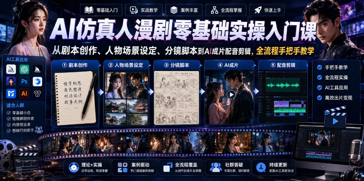 AI仿真人漫剧零基础实操入门课,从剧本创作、人物场景设定、分镜脚本到AI成片配音剪辑,全流程手把手教学-站源网