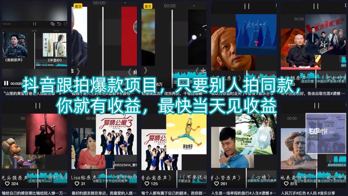 抖音跟拍爆款项目，只要别人拍同款，你就有收益，最快当天见收益-站源网