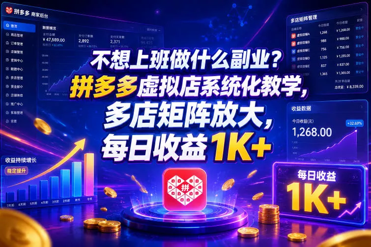 不想上班做什么副业?拼多多虚拟店系统化教学,多店矩阵放大,每日收益1K+【揭秘】-站源网