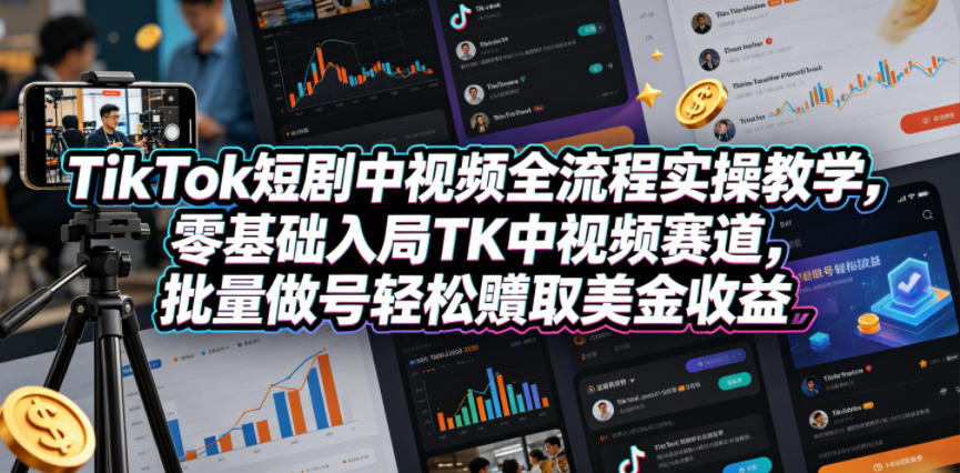 TikTok短剧中视频全流程实操教学，零基础入局TK中视频赛道，批量做号轻松賺取美金收益-站源网