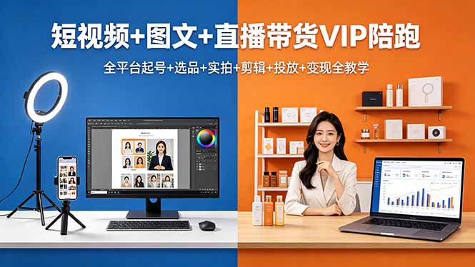 短视频+图文+直播带货VIP陪跑,全平台起号+选品+实拍+剪辑+投放+变现全教学-站源网
