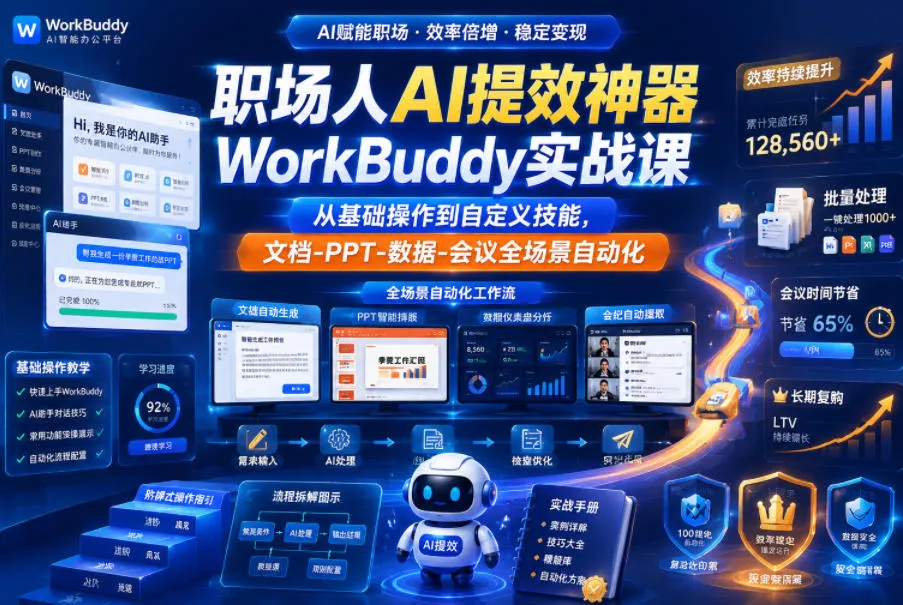职场人AI提效神器WorkBuddy实战课,从基础操作到自定义技能,文档-PPT-数据-会议全场景自动化-站源网