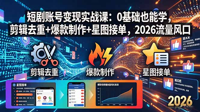 短剧账号变现实战课：0基础也能学，剪辑去重+爆款制作+星图接单，2026流量风口-站源网